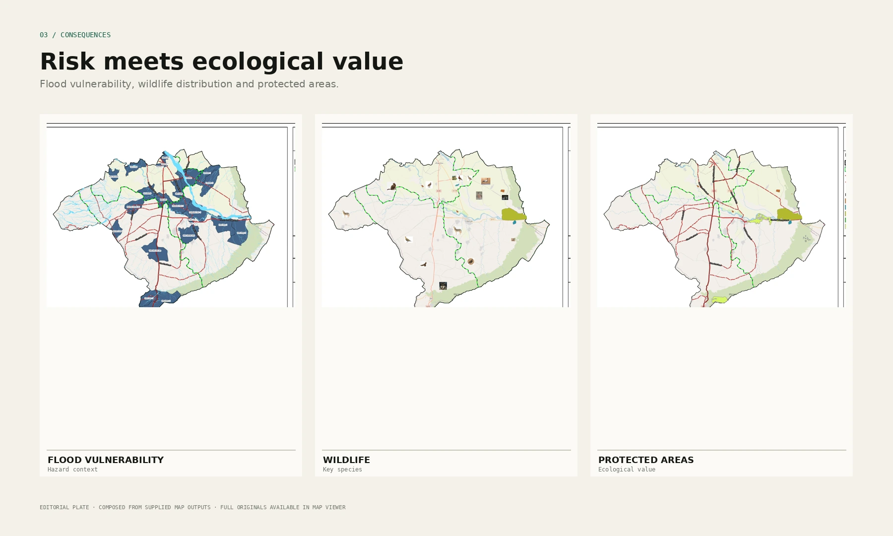 Editorial composition of Lakki Marwat flood, wildlife and protected-area maps